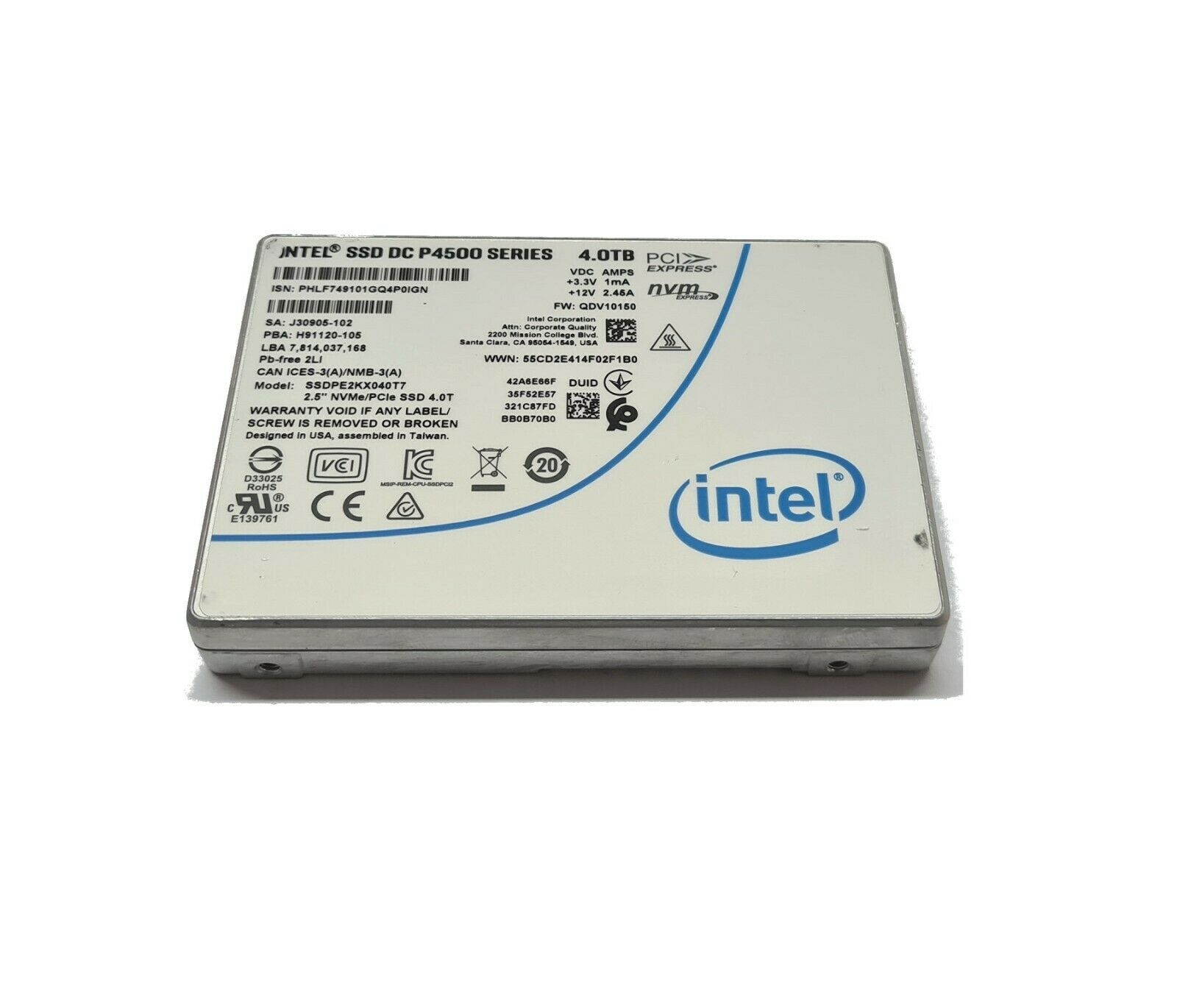 NVME Server SSD Intel DC P4500 4TB SSDPE2KX040T7 U.2 PCIe 3.0 3,84TB 4,0TB >90%